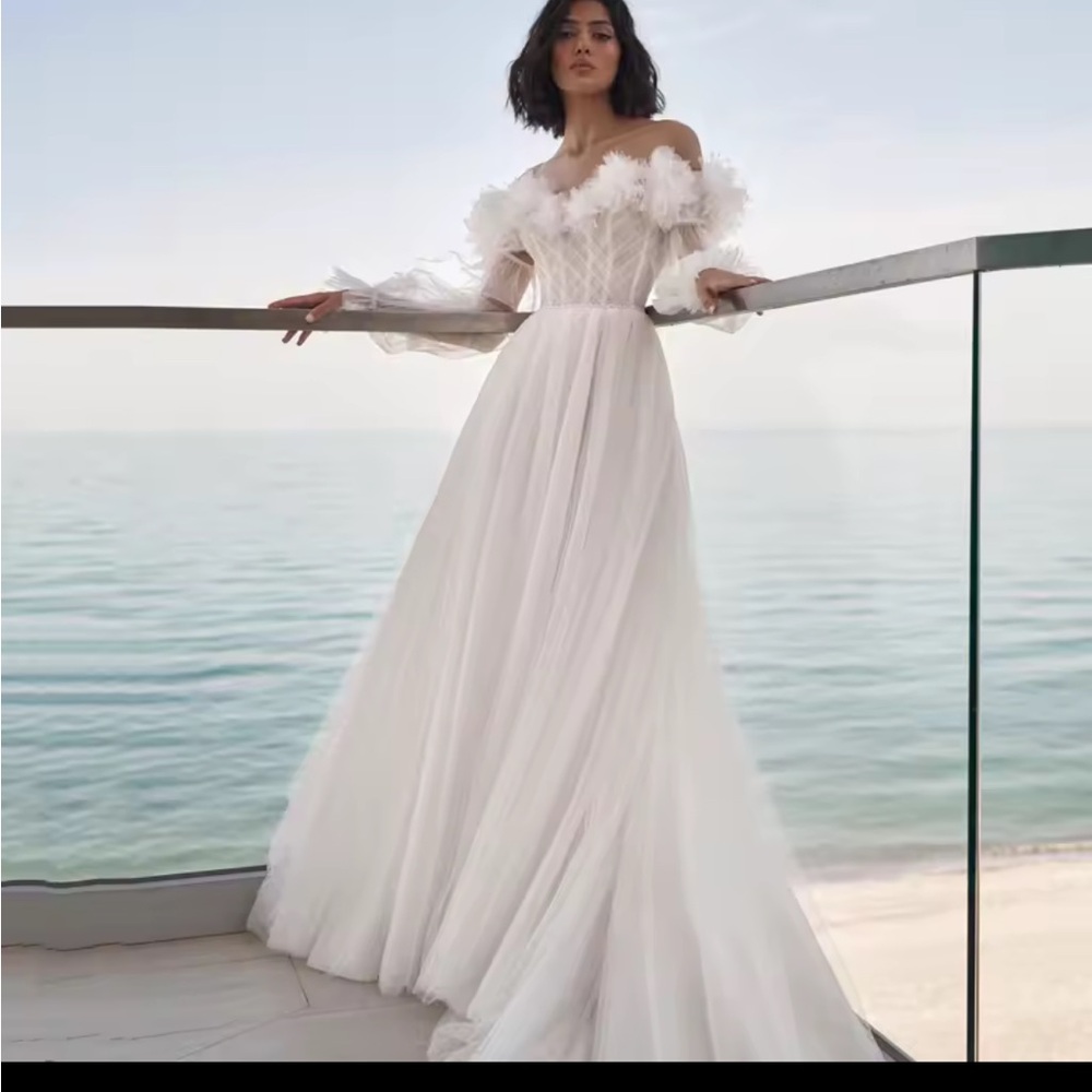 Wedding Bridal Dress White Tulle Off Shoulder Puff Optional Sleeve